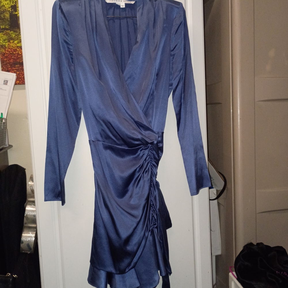 Veronica Beard Navy Blue Satin Wrap Mini Dress